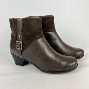 Clarks Womens Ingalls Dover Brown Leather Ankle Boots Block Heel size 7W Wide